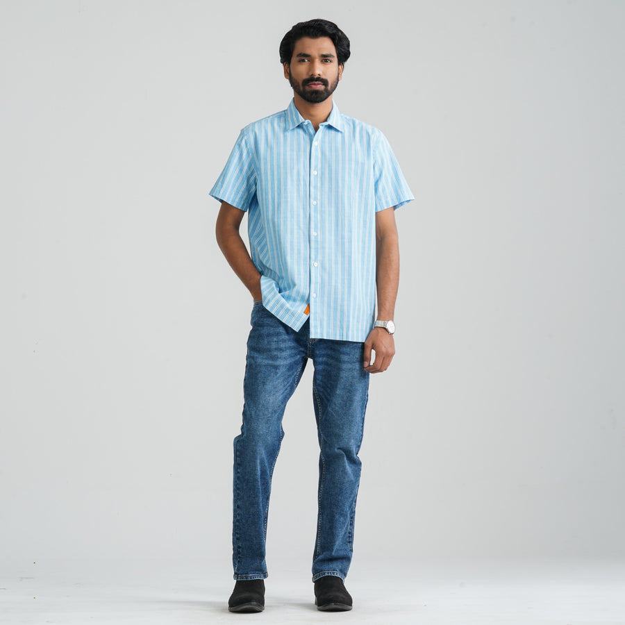 Mens Sky & White Cotton Shirt view 4