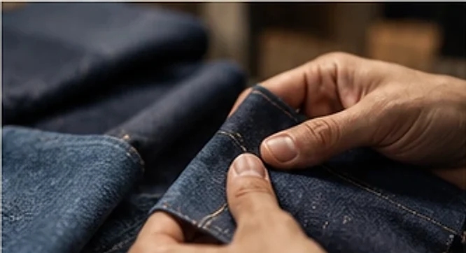 Hands checking denim fabric