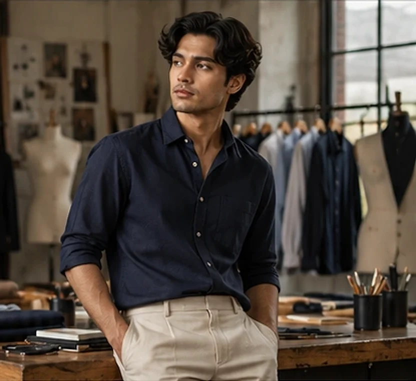 Man in a navy shirt in a tailoring studio