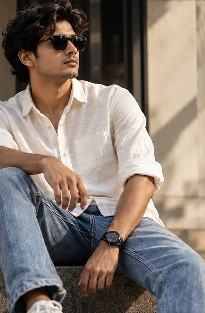 Man in a linen shirt sitting on steps