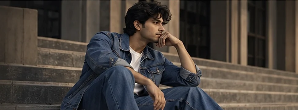 Man in denim sitting on stone steps